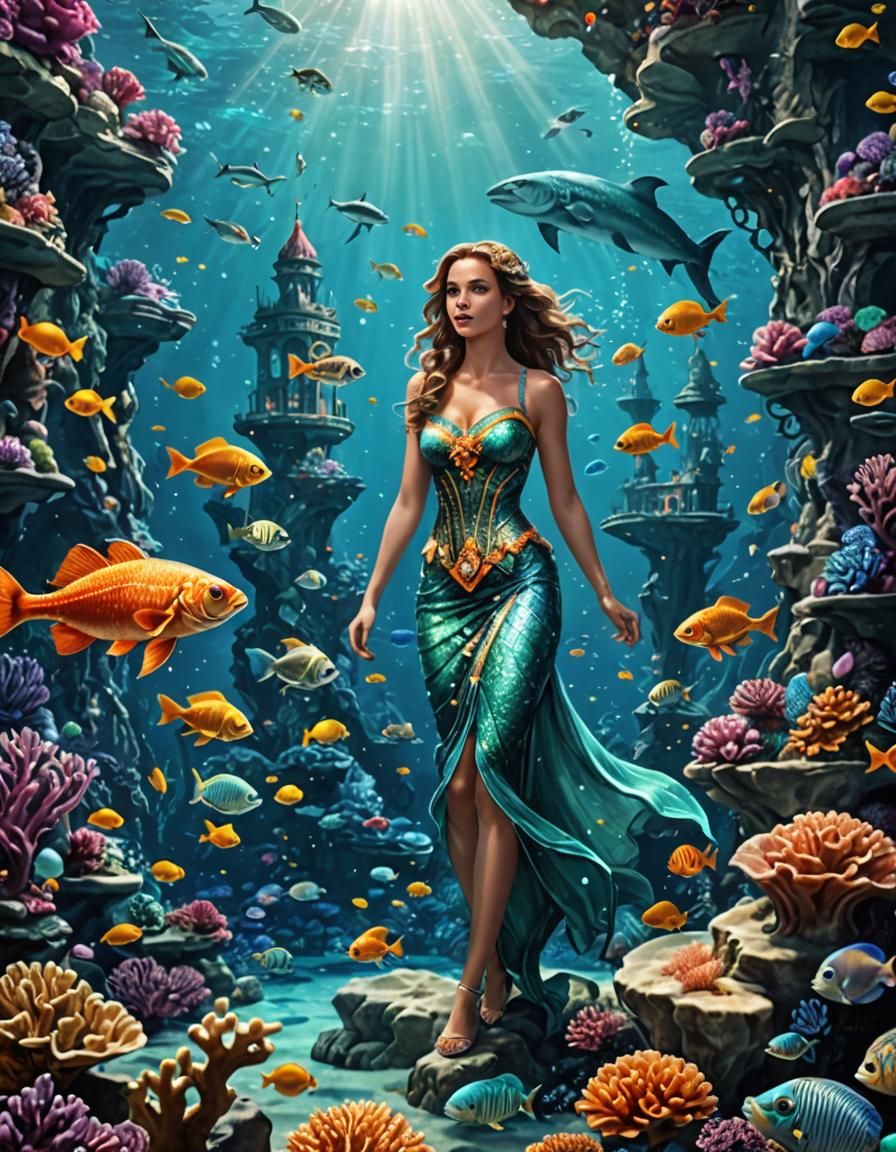 Glittering Underwater Atlantis Fantasy with Coral and Mermai...