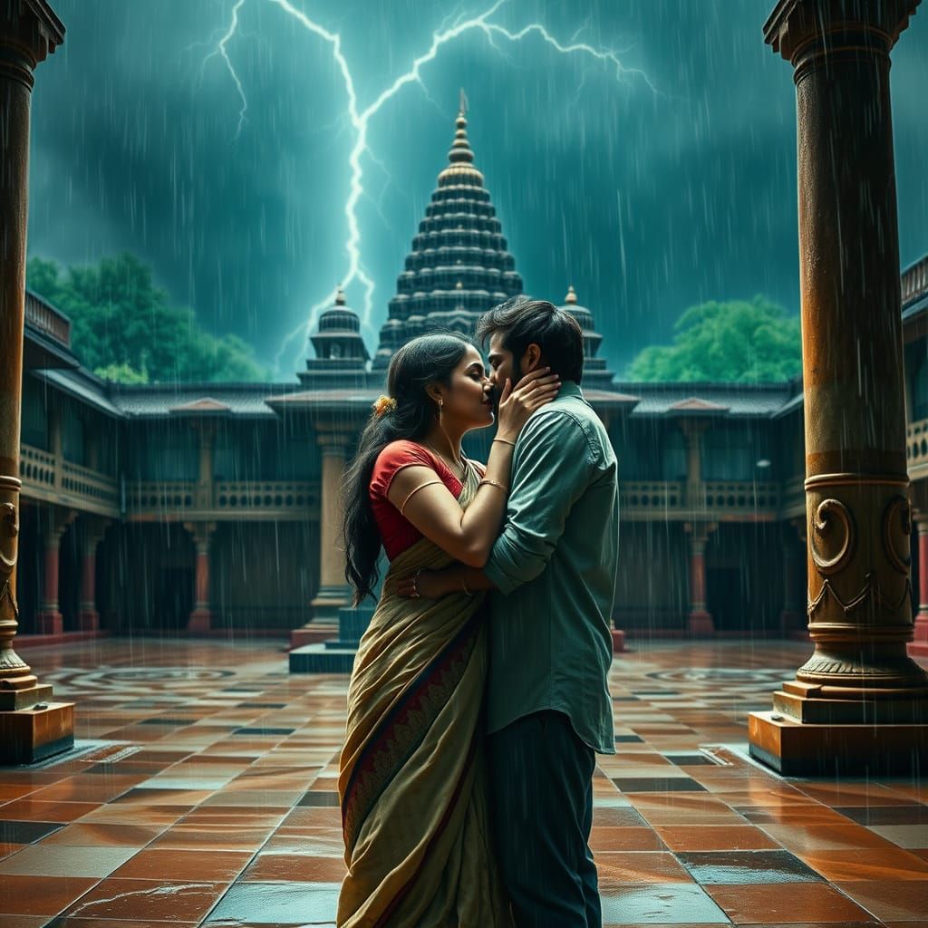 Passionate Kiss in Abandoned Temple Courtyard