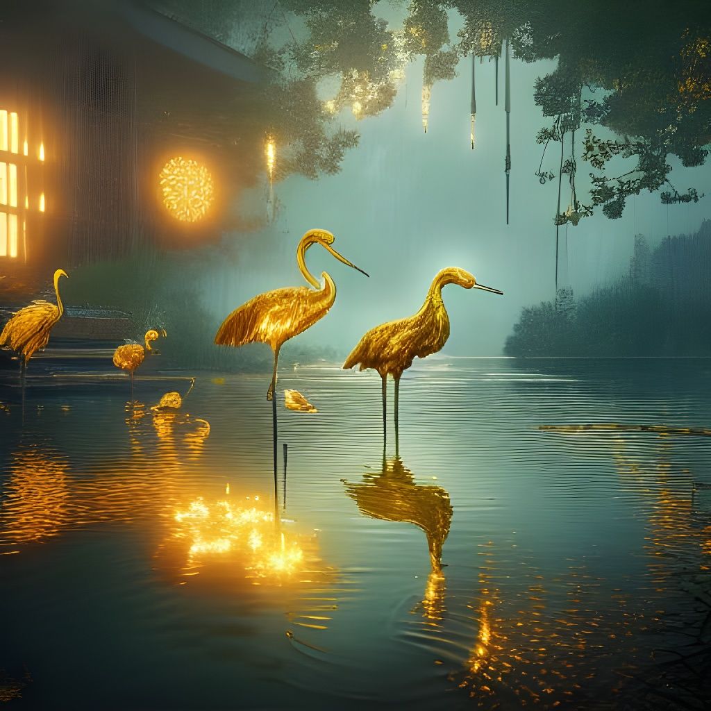 Golden Cranes in Glowing Pond: Fantasy Art