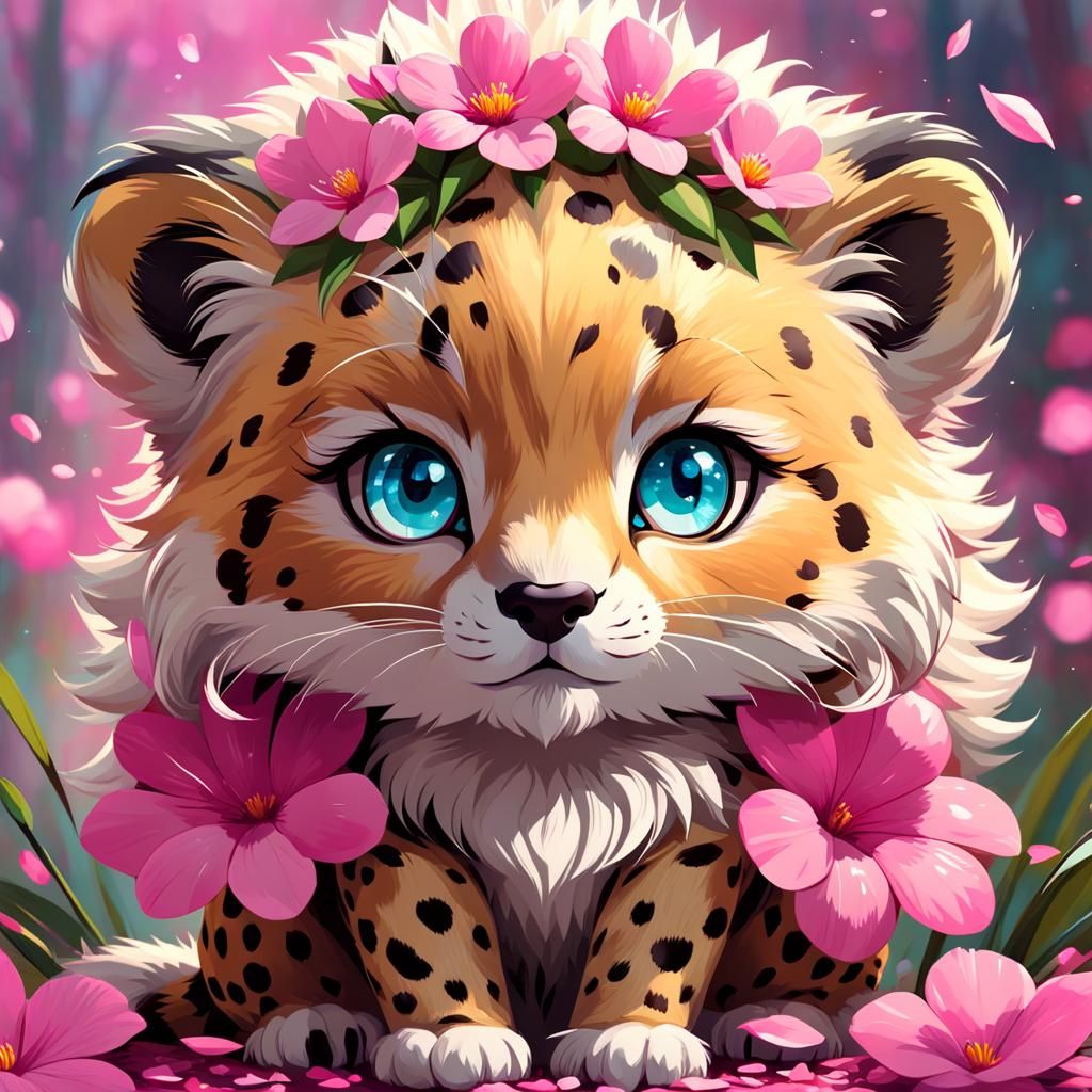 Adorable Chibi Cheetah with Pink Petals, 3D Rendered