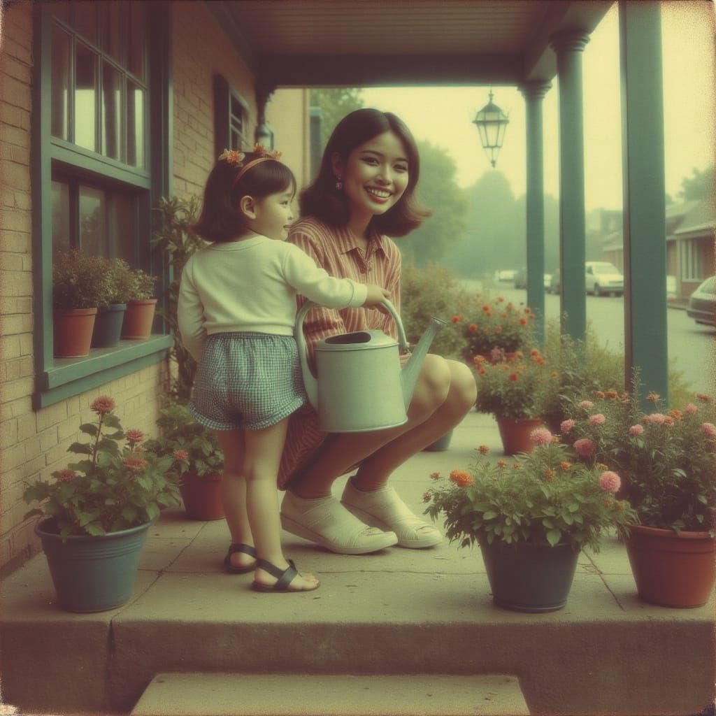 Vintage Polaroid of Mother and Child Gardening