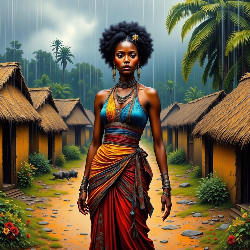 African Woman in Rainy Village, Impressionistic Style