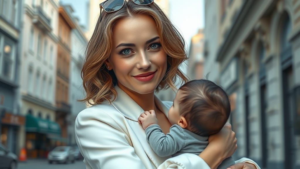 Hyperrealistic Portrait: Woman with Baby in White Cityscape