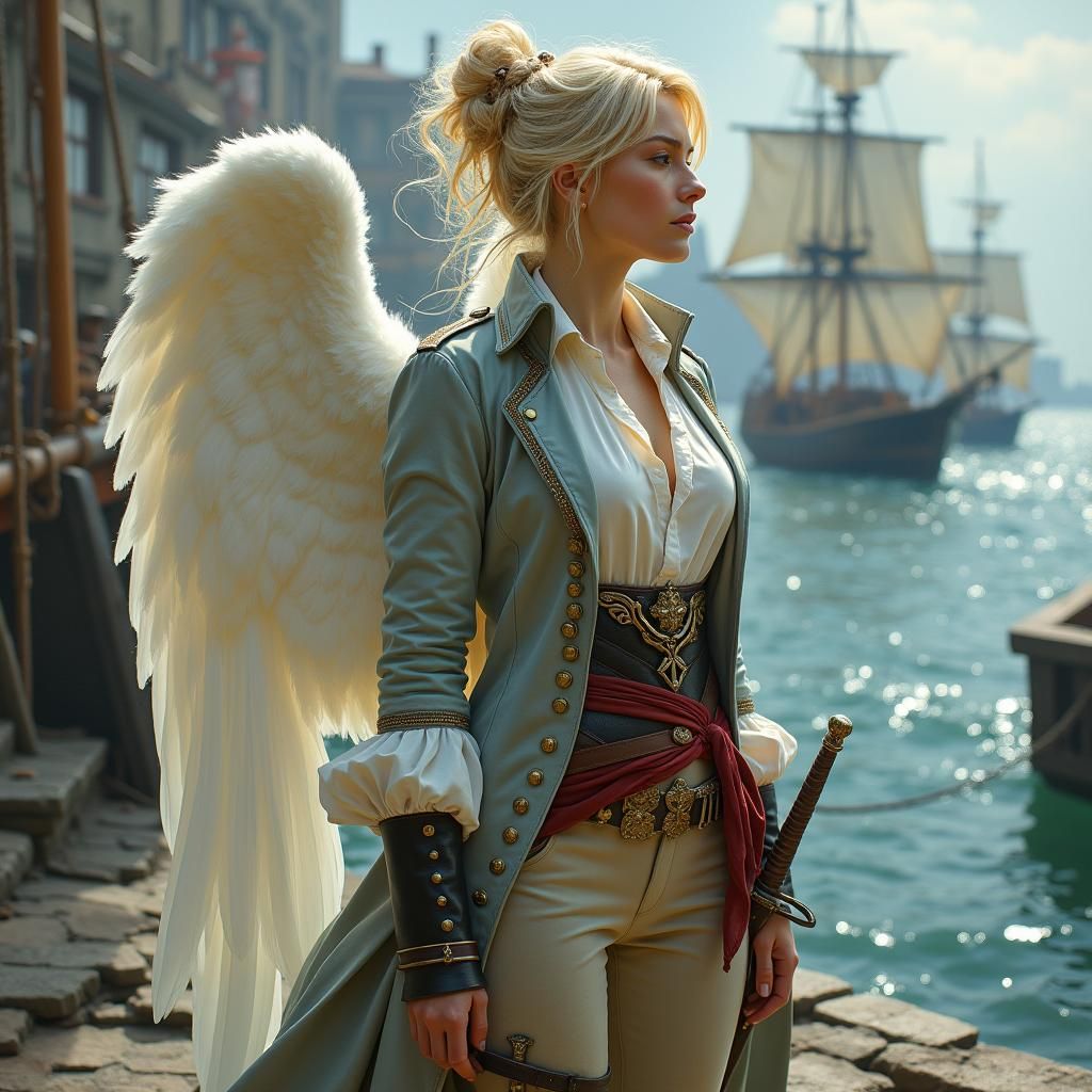 Winged Woman in Fantasy Harbor, Detailed Digital Art