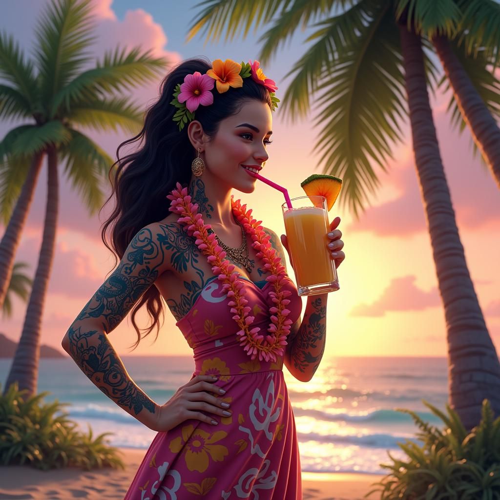 Tropical Polynesian Girl Sipping Pina Colada, Fantasy Art