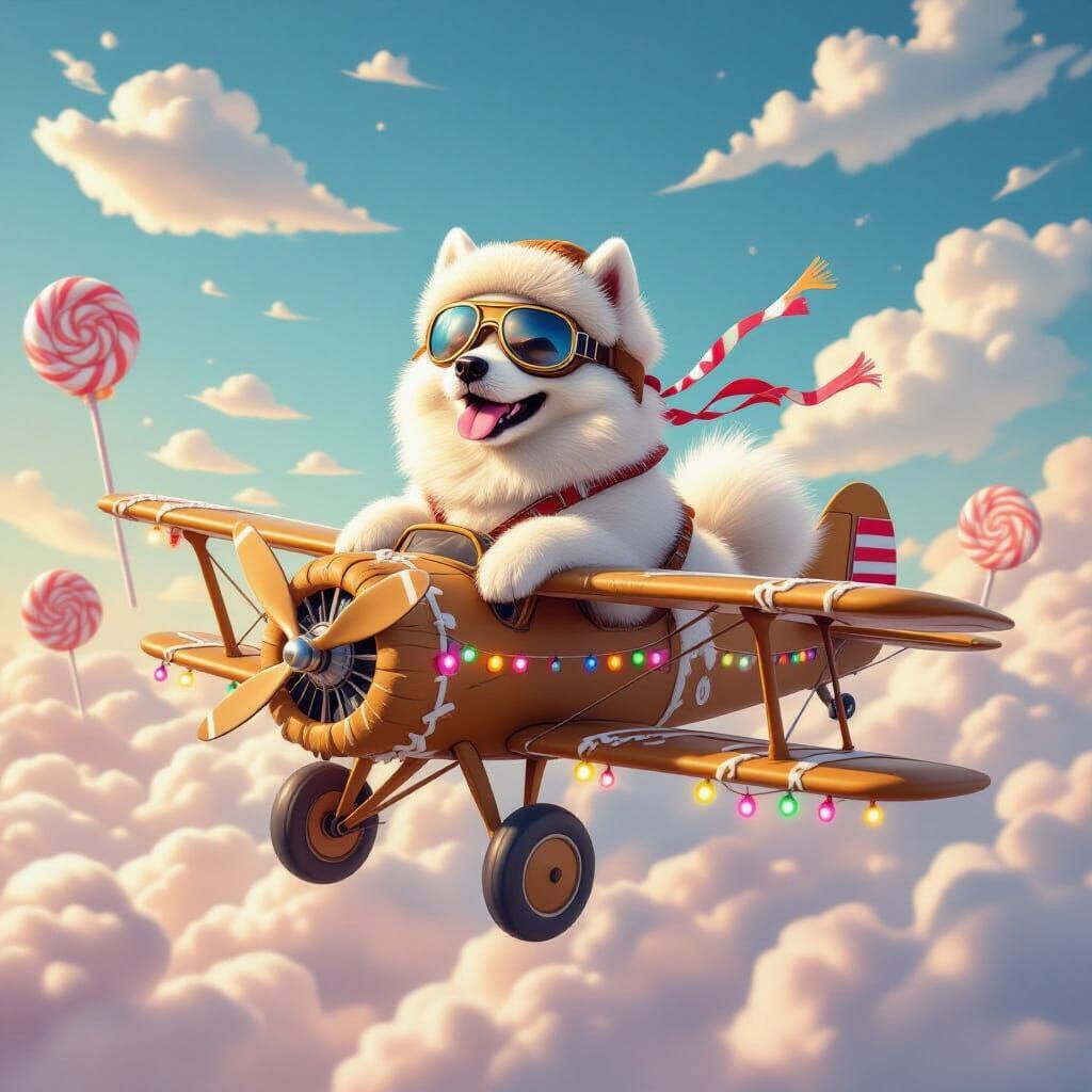 Samoyed Pilot Navigates Candy Sky as Matte Painting