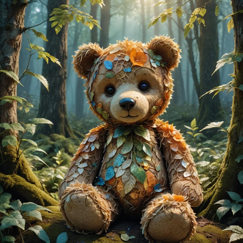Cuddly One-Eyed Teddy Bear in Mystical Forest