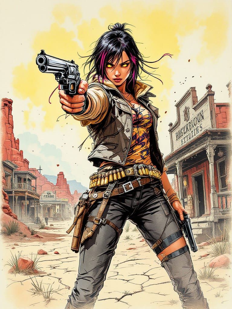 Asian Gunslinger in Desert Town - Ink & Watercolor Style