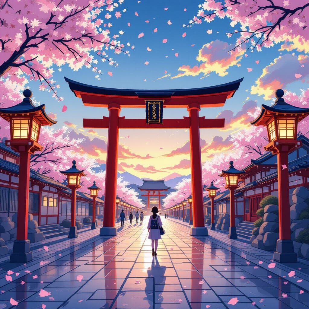 Japanese Arena with Torii Gates & Dragon Ornaments at Dusk