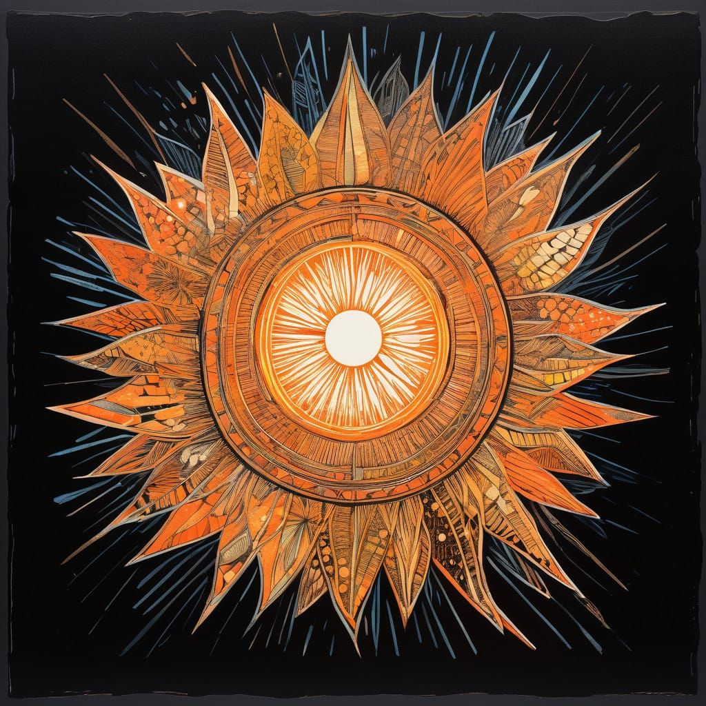 Vibrant Sunburst in Triadic Handcoloured Linoprint