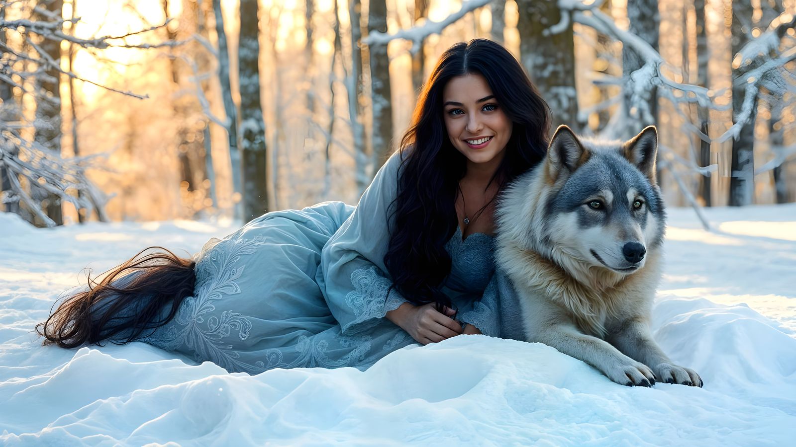 Gothic Snow Maiden Enjoys Afternoon with Faithful Wolf in Wi...