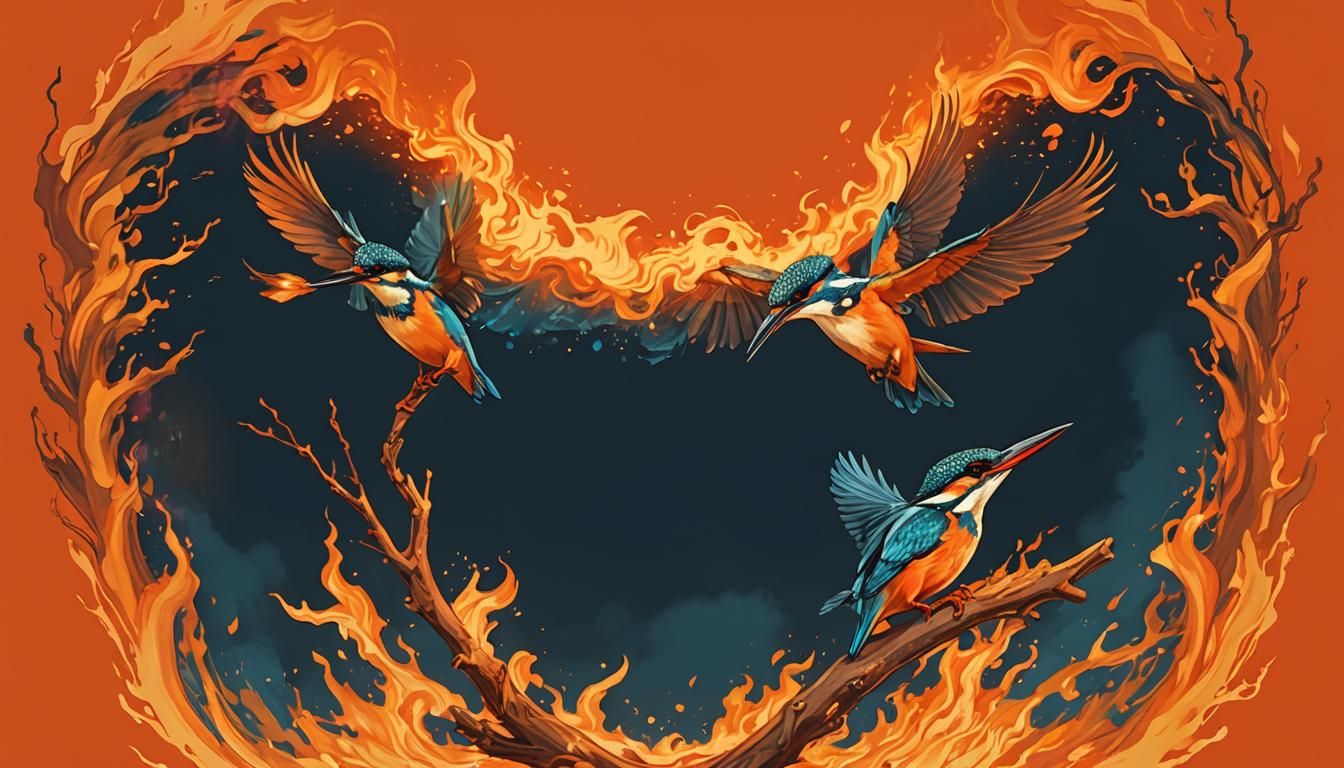 Kingfisher in Blue Fire: Digital Woodblock Print Art