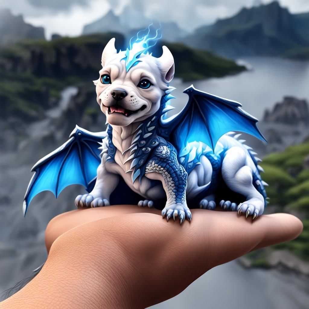 Dragon Cub Protecting Pitbull Puppy Emitting Lightning