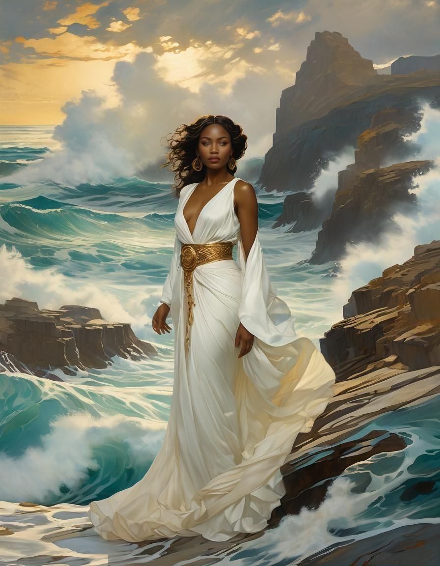 African-American Woman in White Dress, Impressionist Seascap...