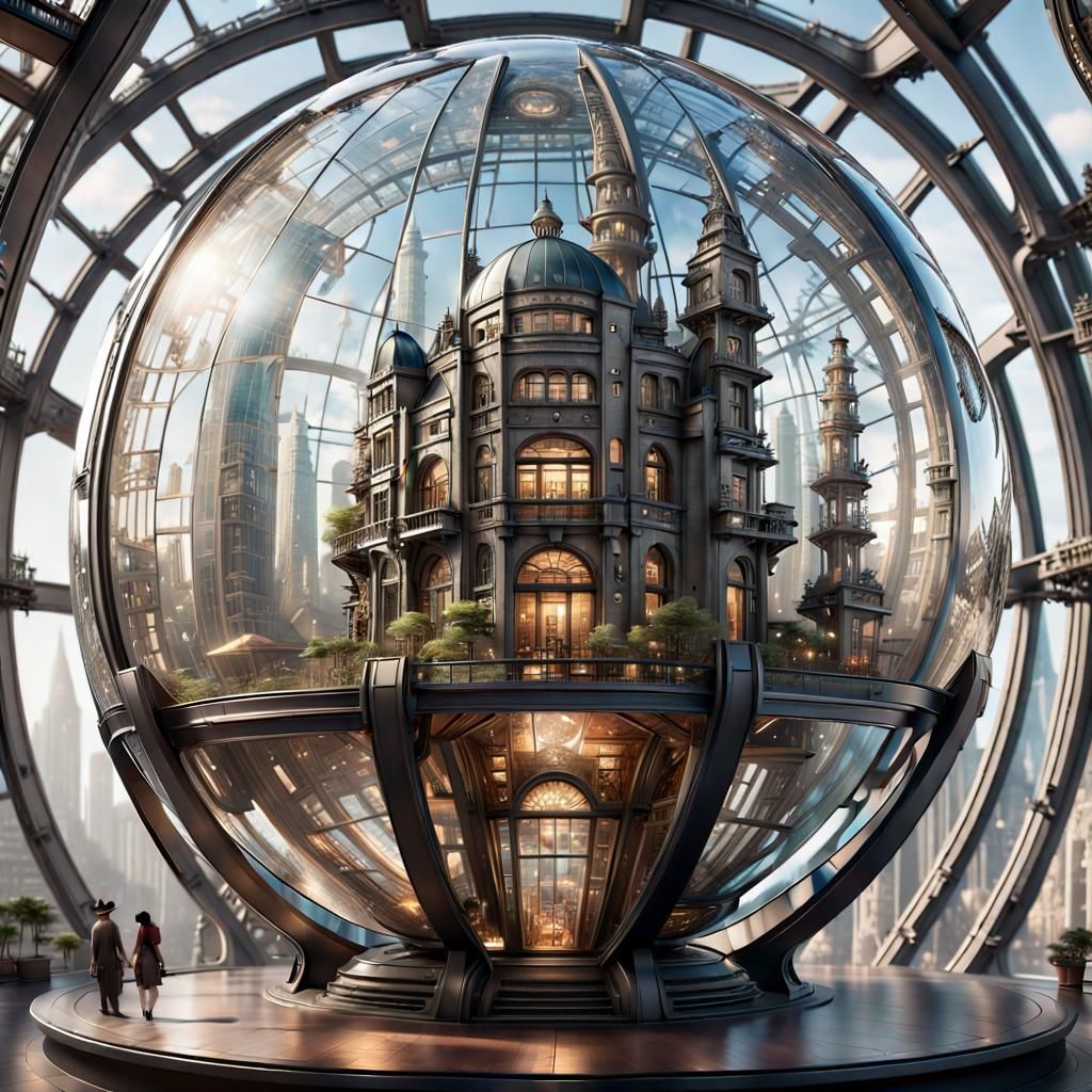 Futuristic Glass City in Dome: Steampunk Elegance