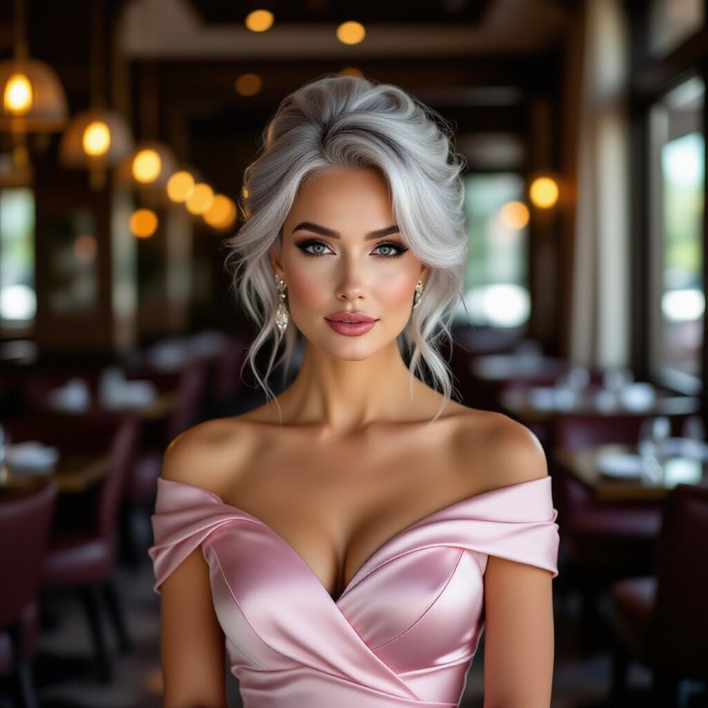 Elegant Woman in Pink Silk Dress with Silver Hair