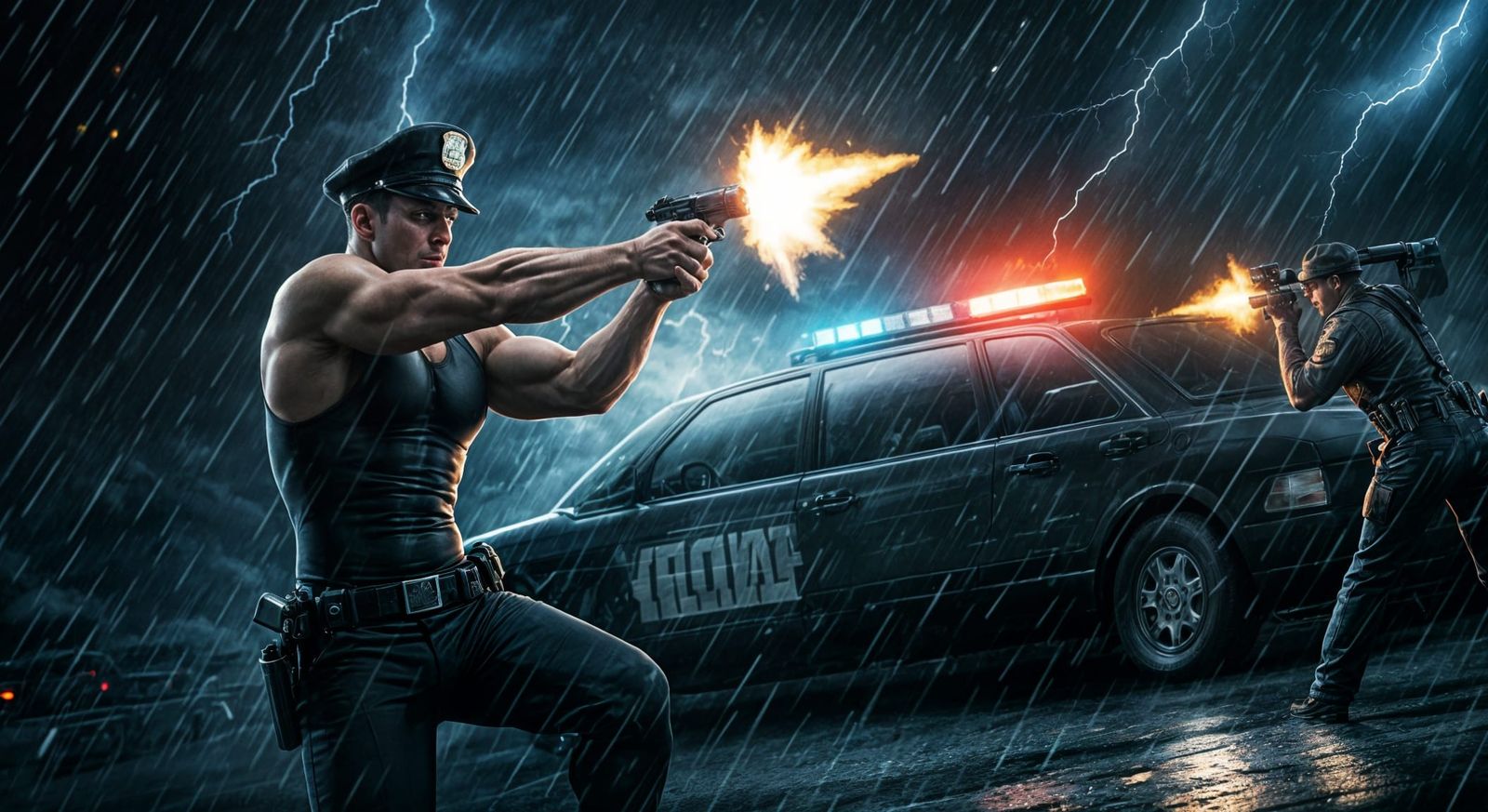Epic Hollywood-Style Cop in Gunfight at Dark Rainy Night