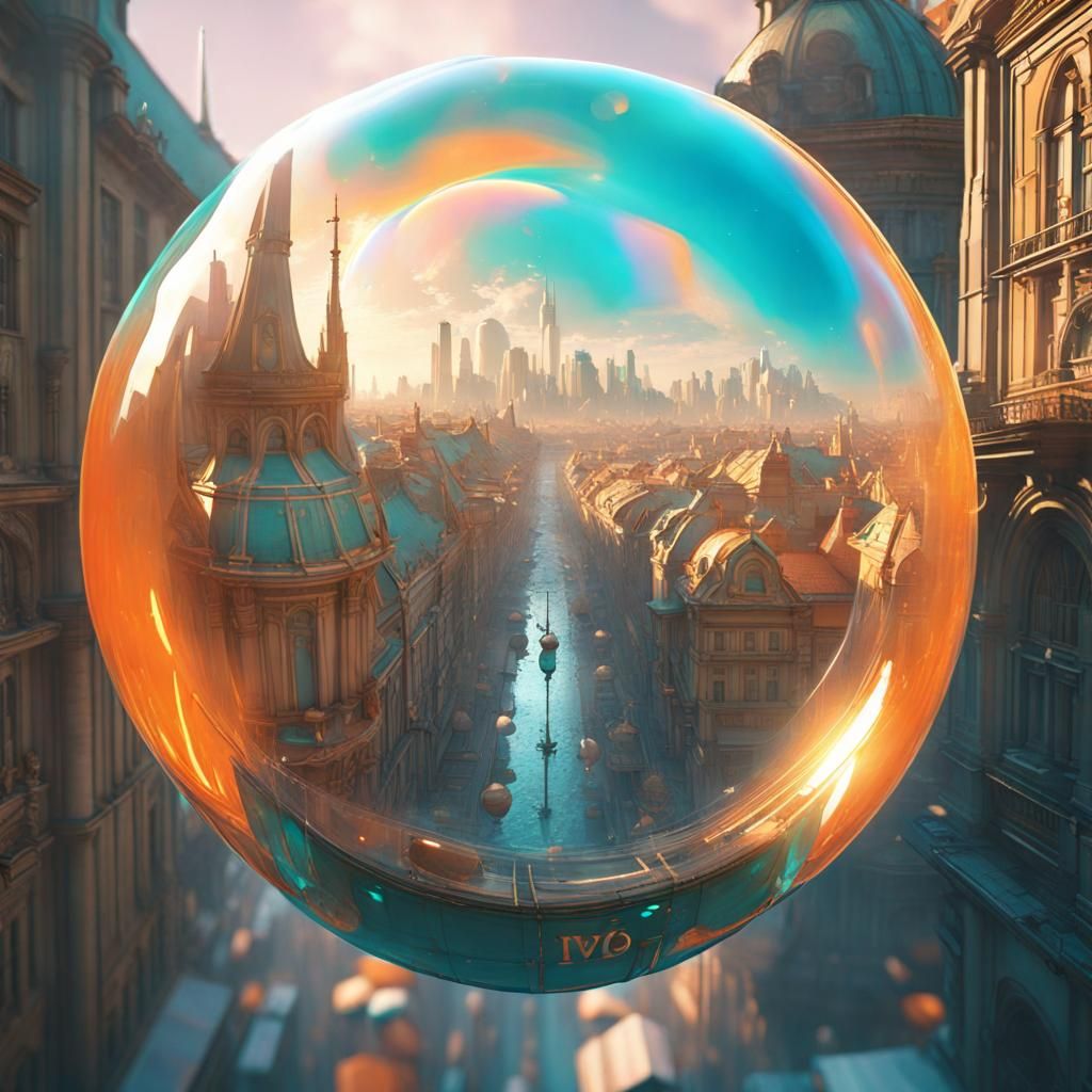 Futuristic City Protected by Bubble, Art Nouveau Style