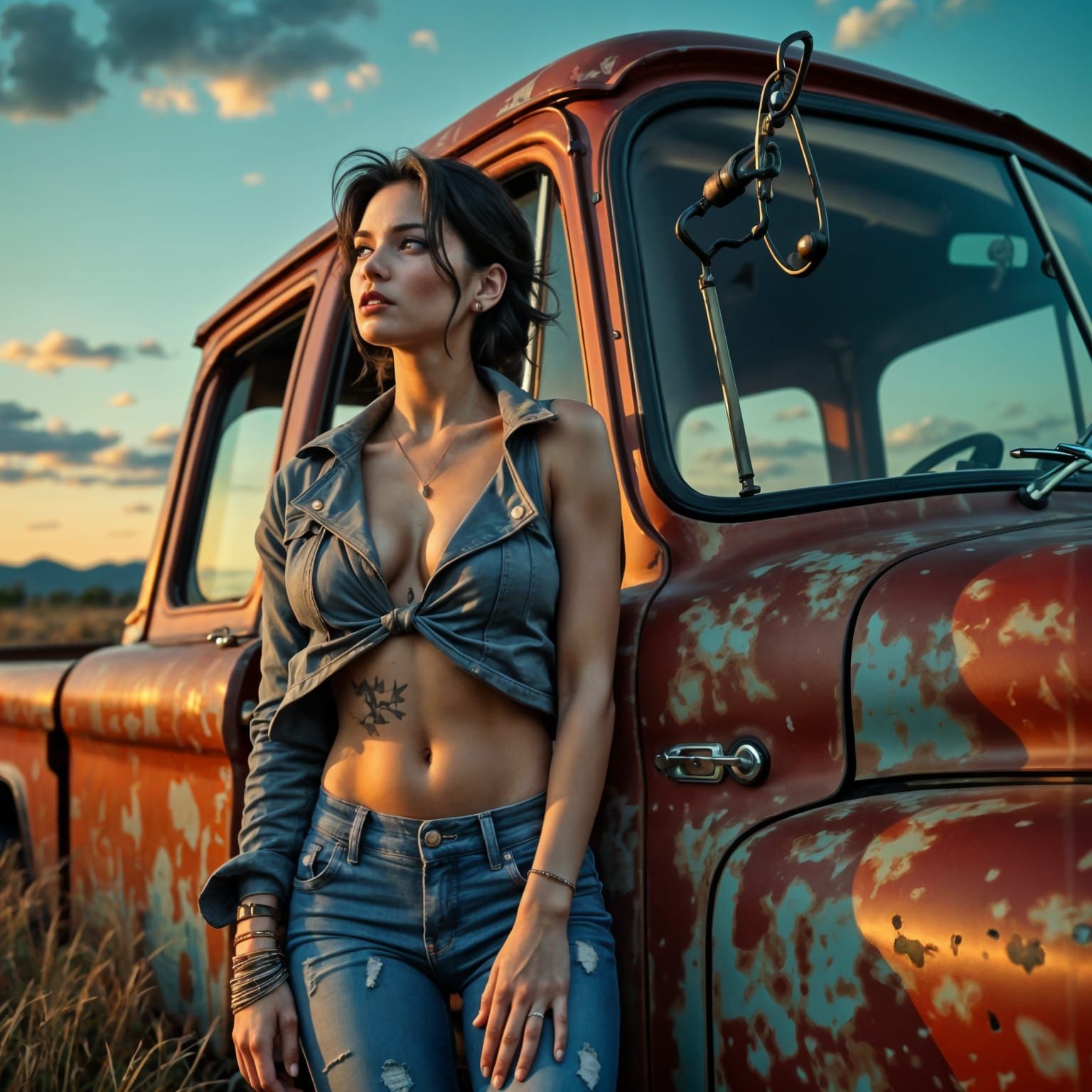 Soulful Woman with Windswept Hair and Ponytail in a Bluesy A...