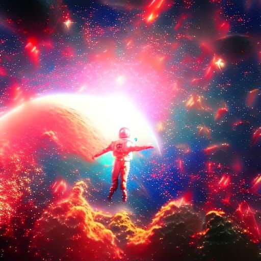 Astronaut Floating Among Exploding Stars in Space