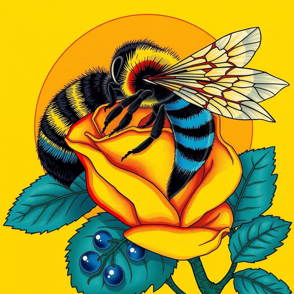 Vibrant Niji Bee in Japanese Woodblock Style Smelling a Rose...