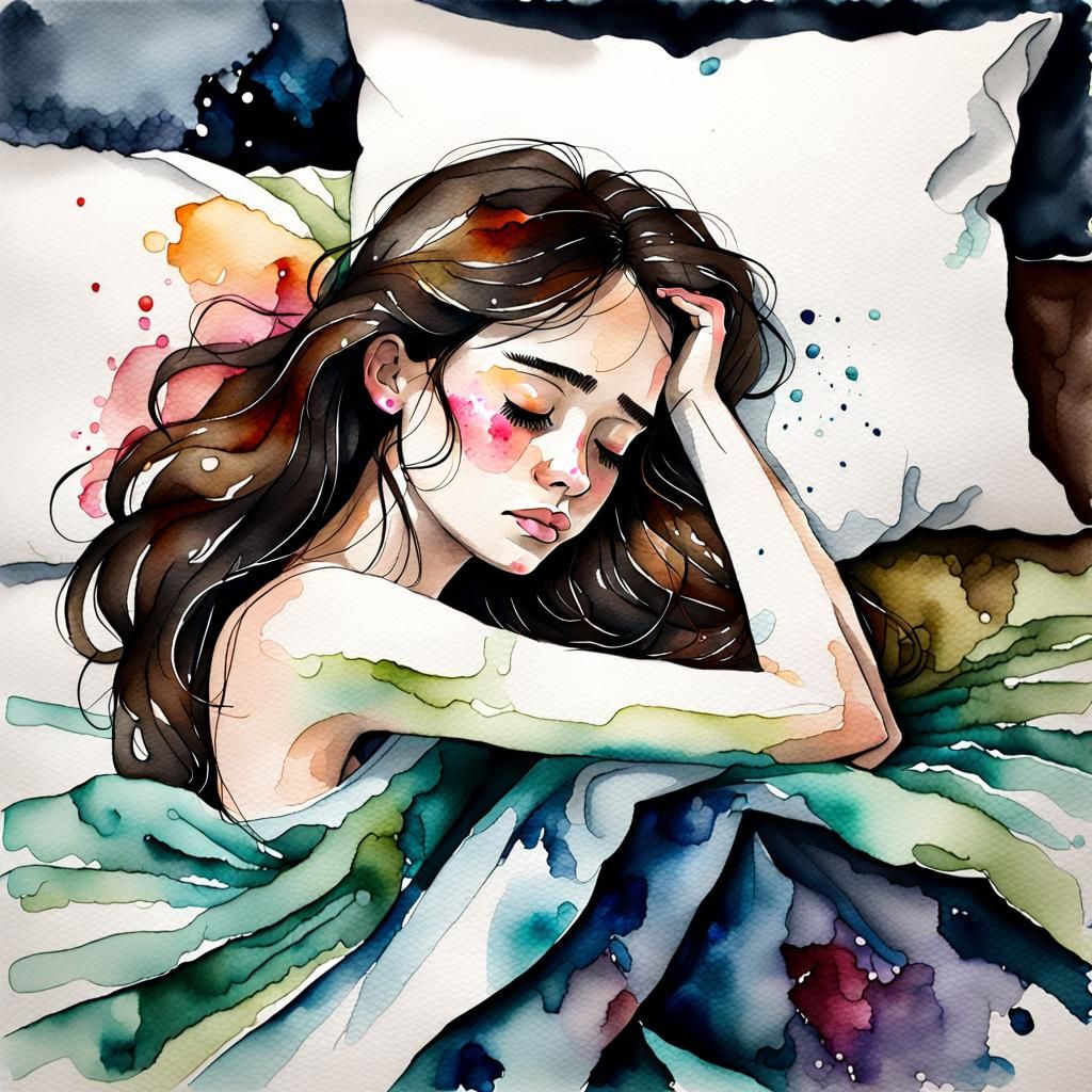 Sad Woman Crying in Watercolor and Ink