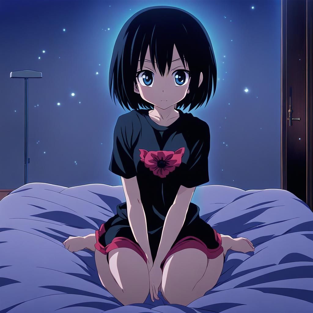 Anime Girl Sitting on Bed at Night