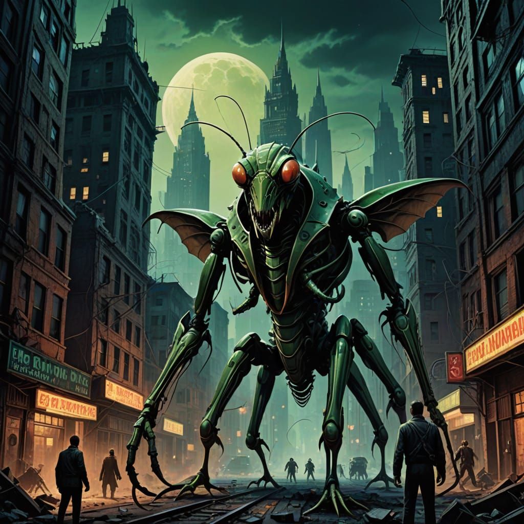 Giant Praying Mantis Devastates City in 1950s Sci-Fi Horror