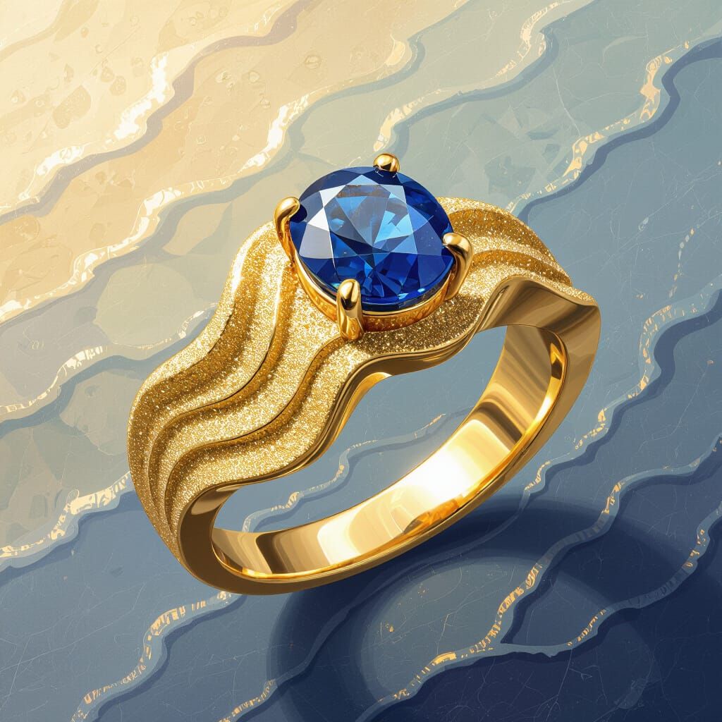 Gold Wave Ring with Sapphire, Detailed Matte Painting