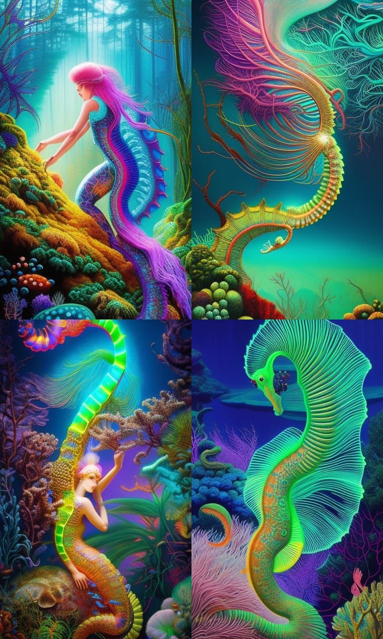Seahorse-Human Hybrid in Neon Mycelium Network