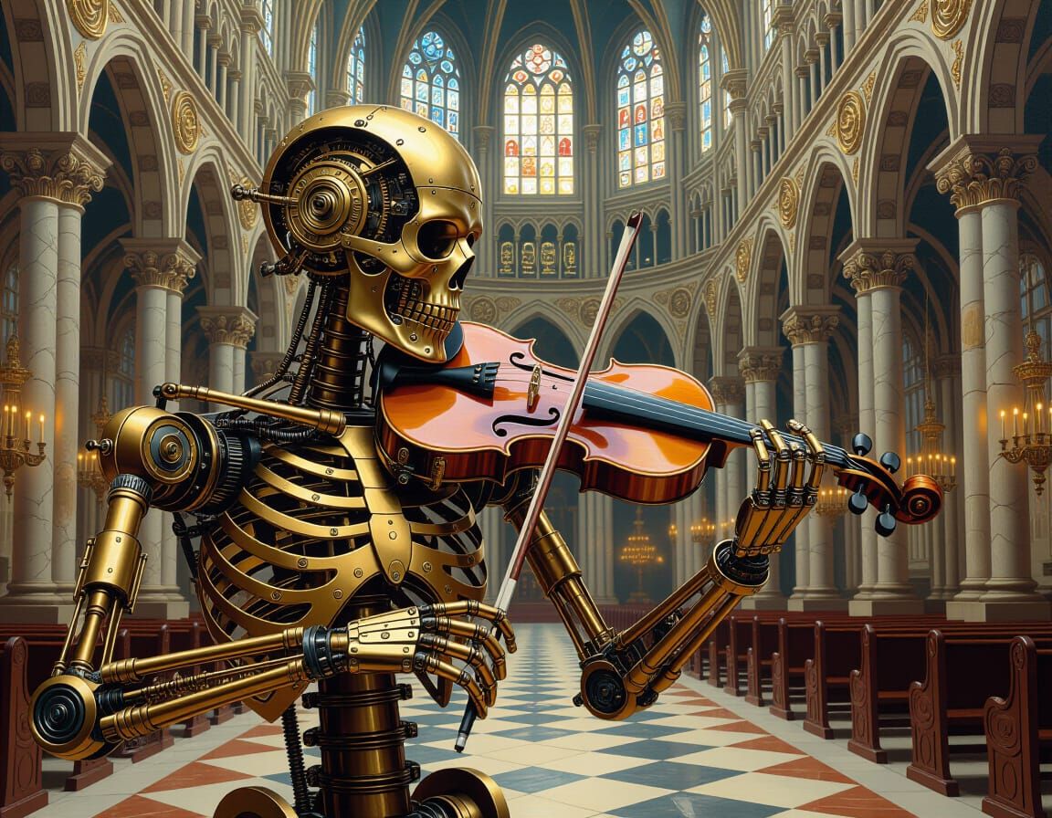 Steampunk Automaton Violinist in Bone Cathedral