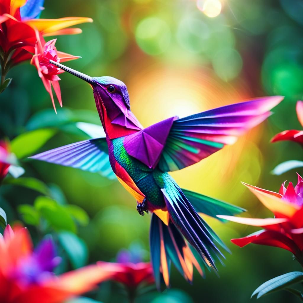 Origami Hummingbird Feeds in Lush Forest