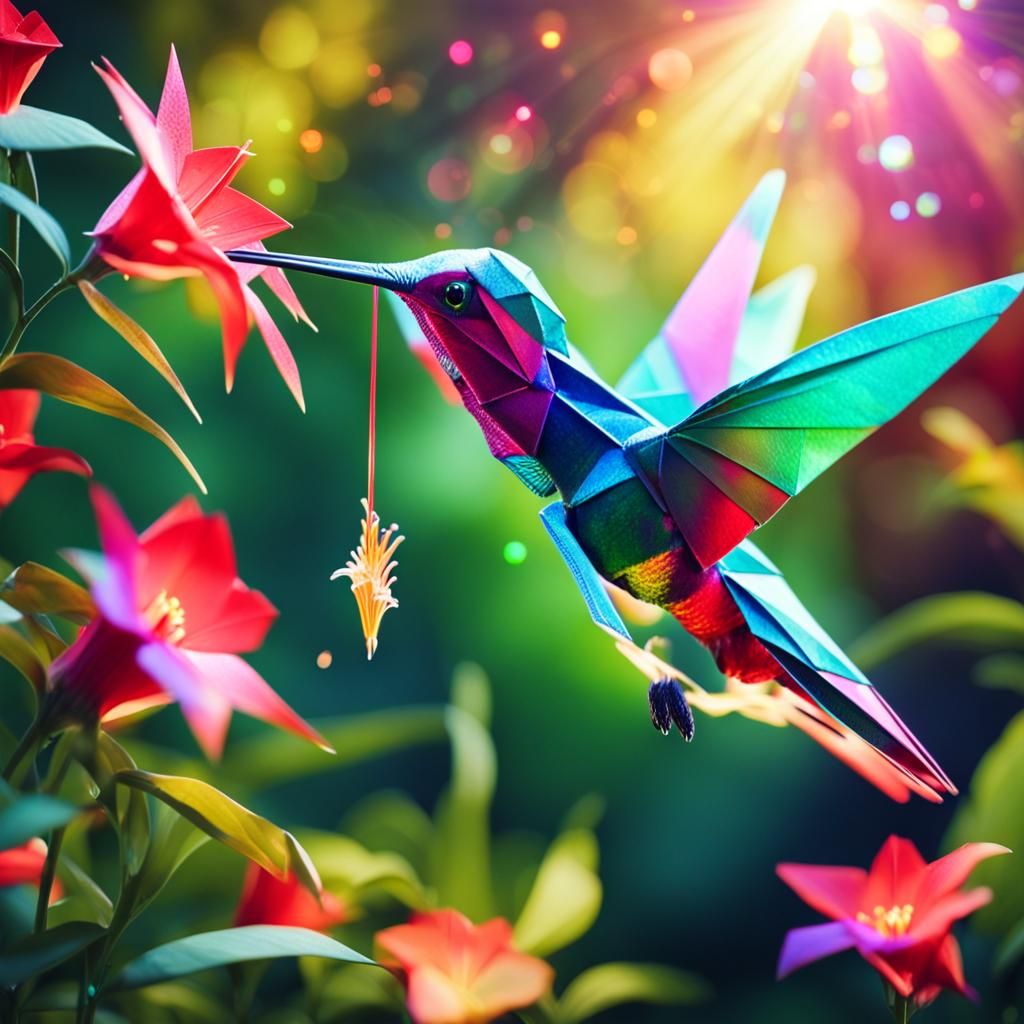 Origami Hummingbird in Lush Forest, Cinematic Image