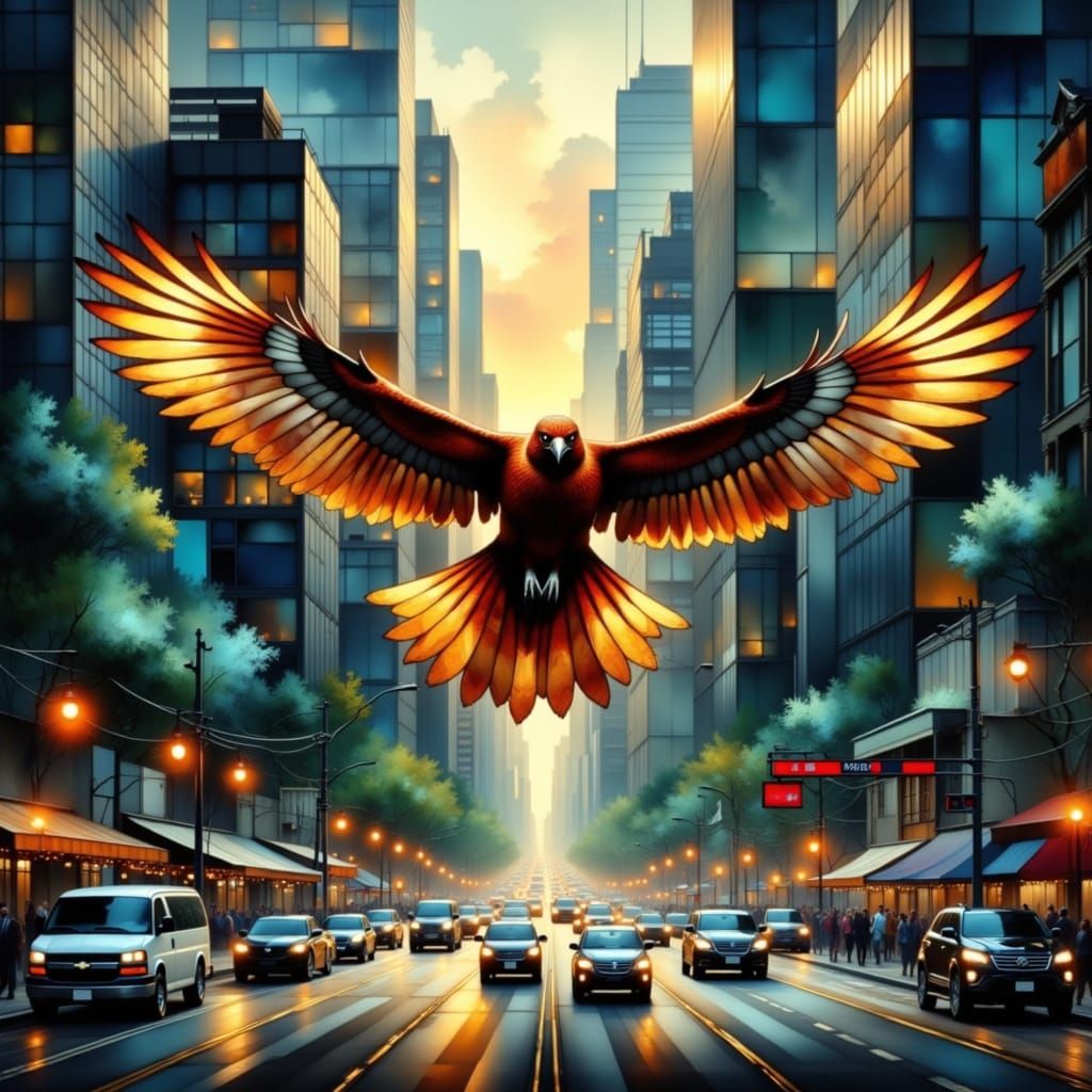 Red Hawk Soaring Over City, Expressionist Oil Painting
