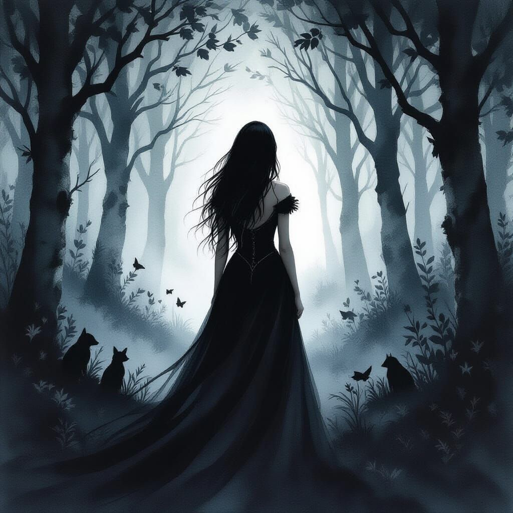Dark Fantasy Woman in Sorrowful Forest: Watercolor Art