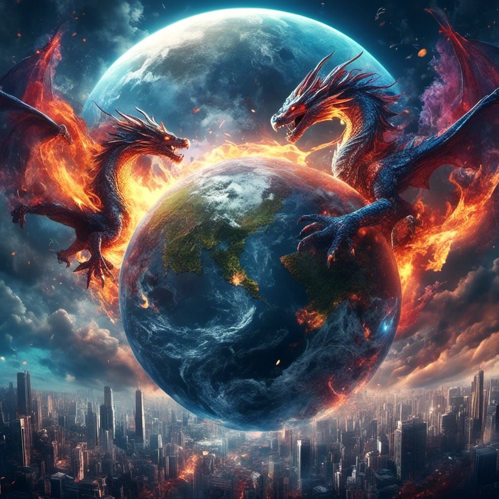 Earth Surrounded by Rainbow Flames and Dragons