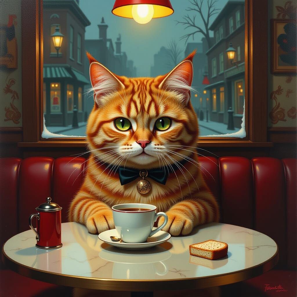 Garfield in 1950s Cafe on Groundhog Day as Oil Painting