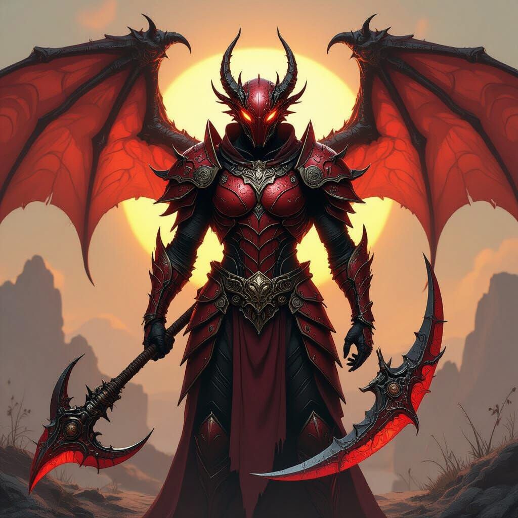 Crimson Bug-God in Red Dragon Armor with Scythe