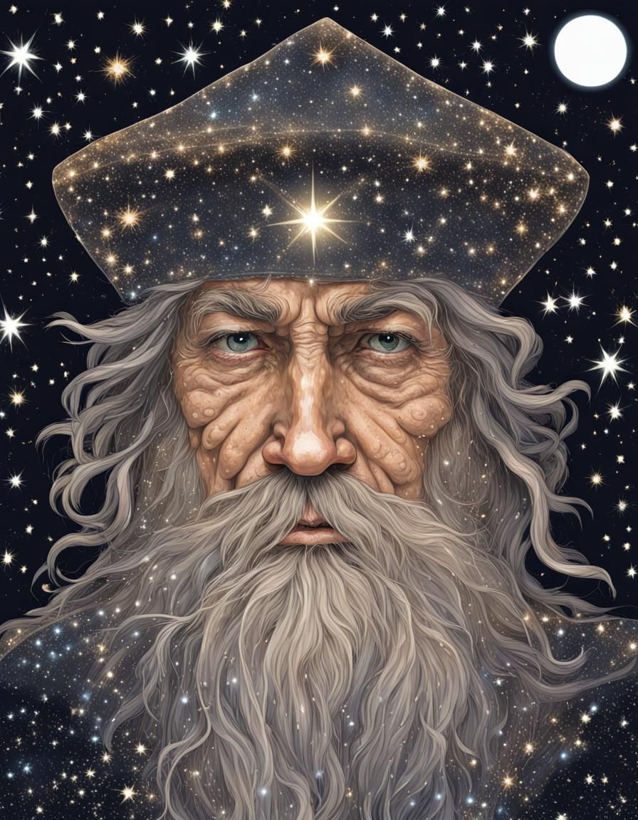 Celestial Wizard Face Among Sparkling Stars