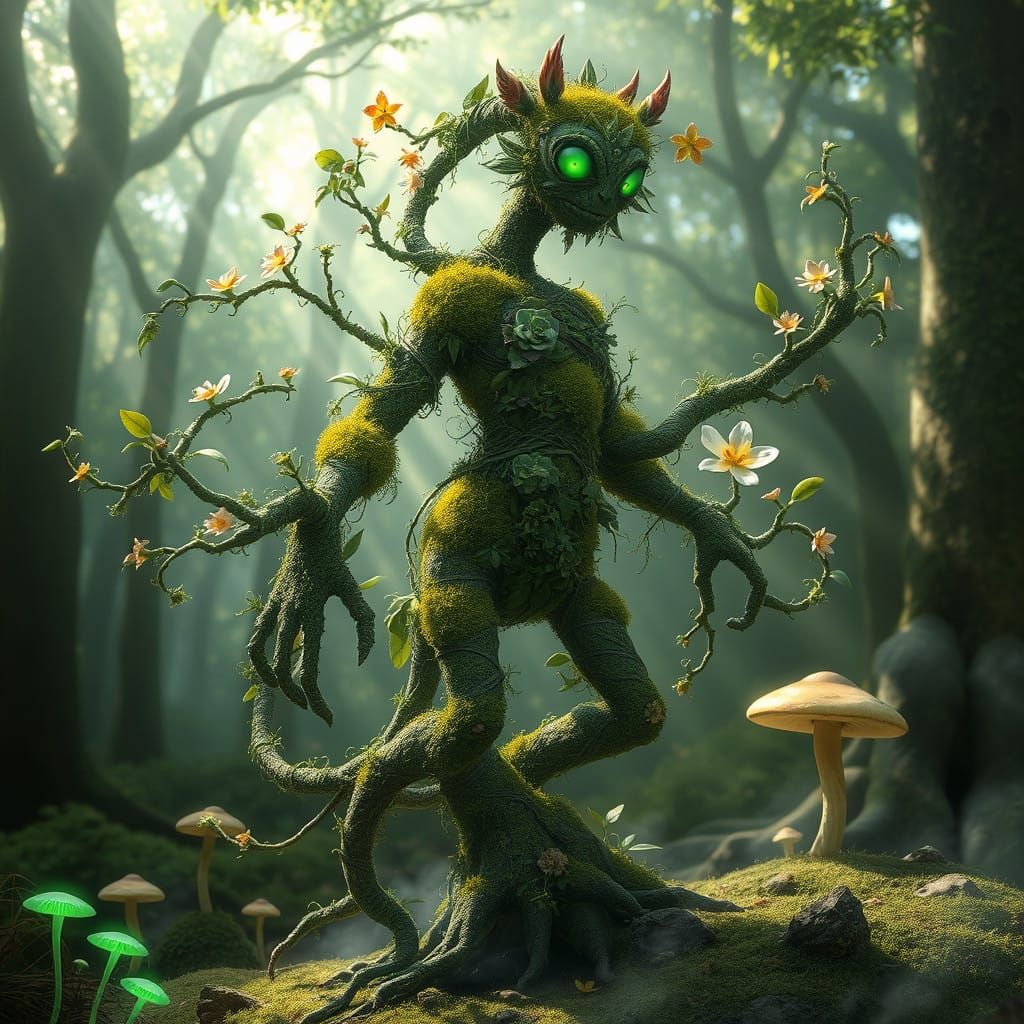 Mythical Plant Being in Whimsical Forest Scene