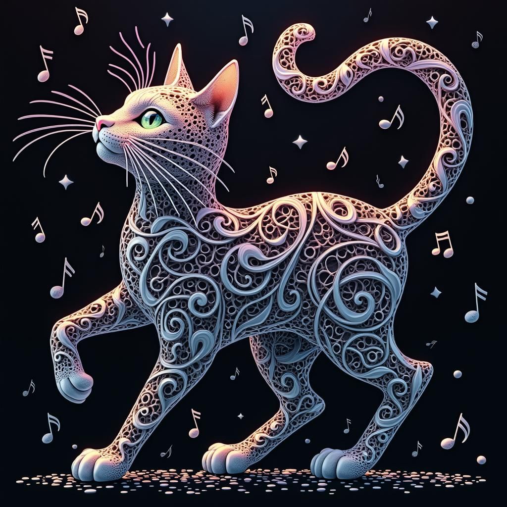 Wireframe Cat Dancing with Musical Notes in Art Nouveau Styl...