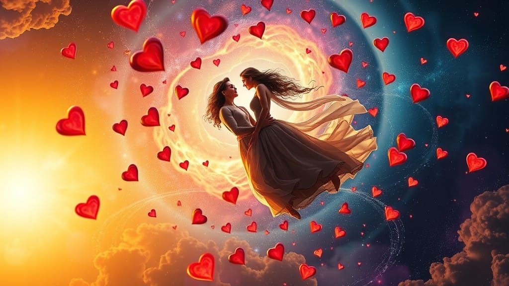 Celestial Twin Souls Embrace in Vibrant Harmony