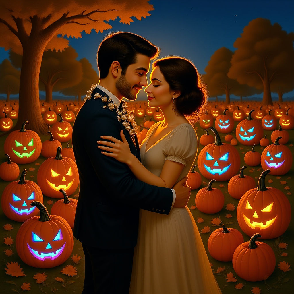 Romantic Embrace in a Pumpkin Patch at Twilight