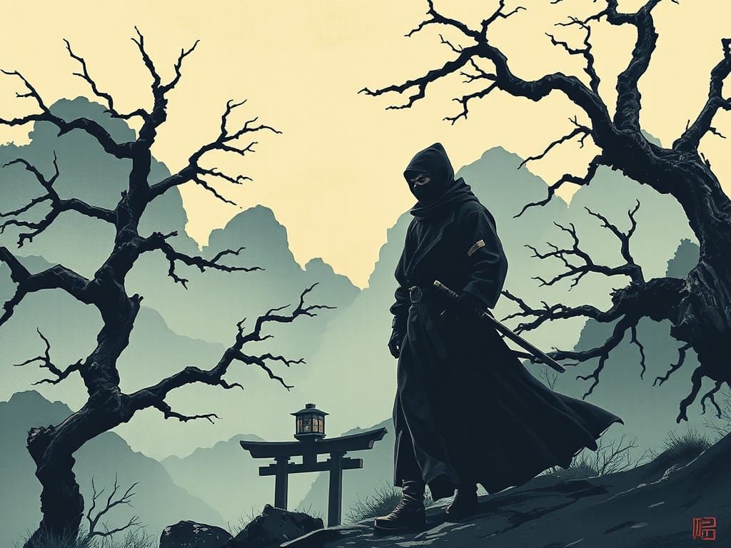 Ninja Lost in Somber Mountainscape