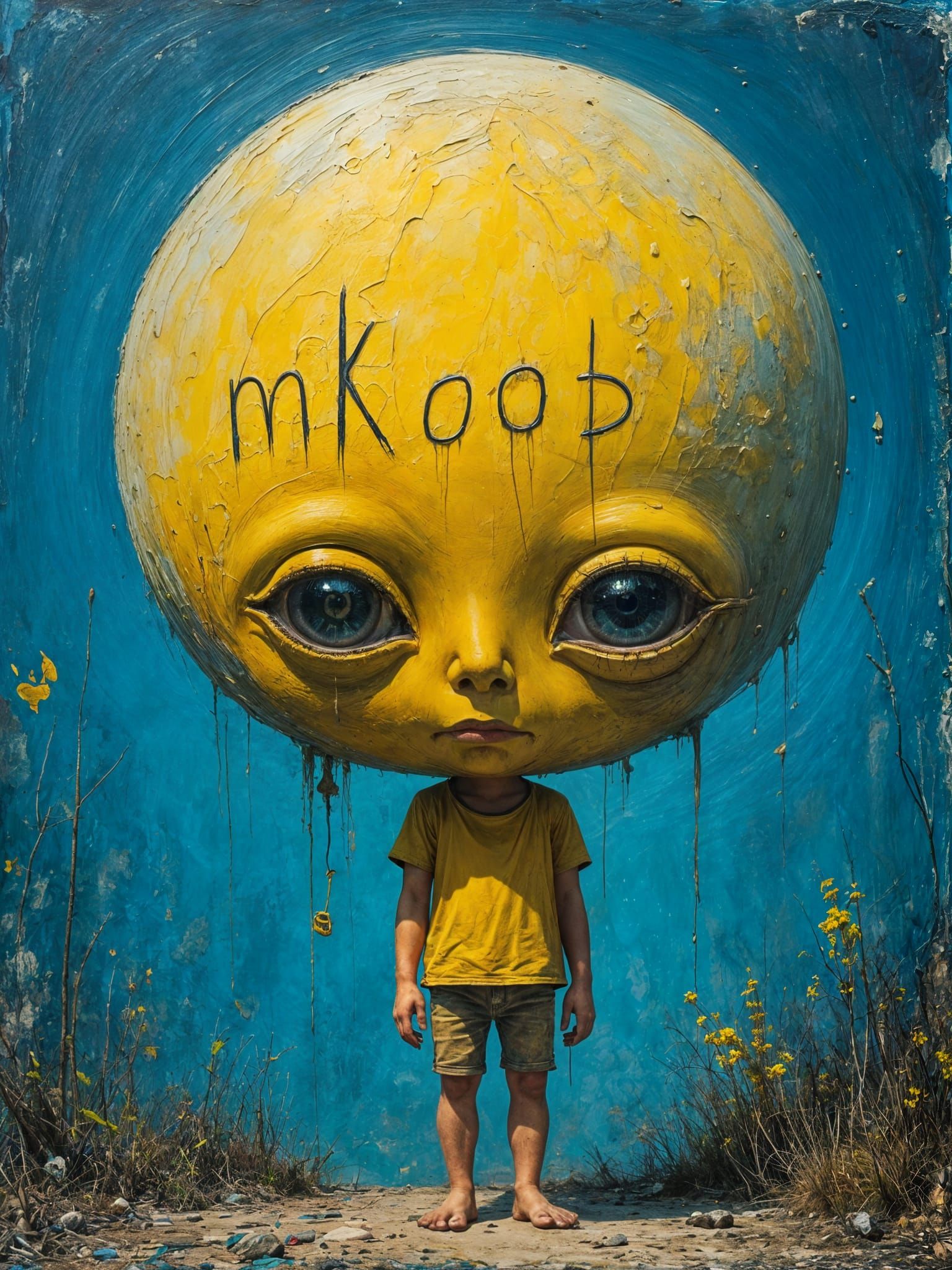 Surreal Giant Under Blue Moon in Abstract Expressionism