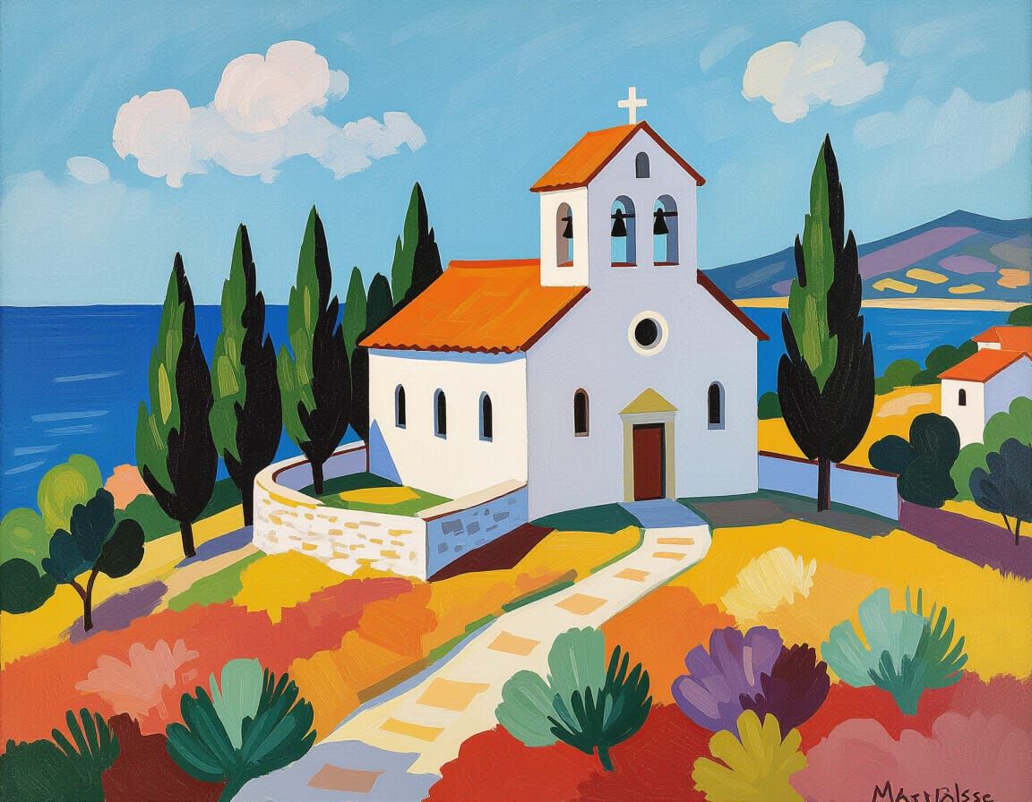 White Church on Hill: A Fauvist-Inspired Painting