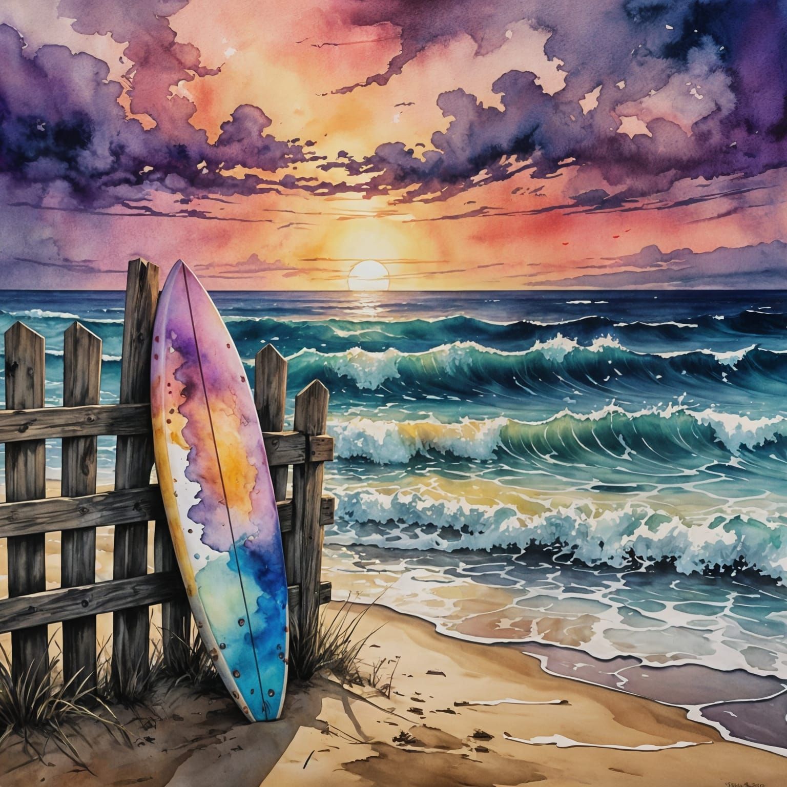 Surfboard Against Sunset Beach Fence in Watercolor and Ink