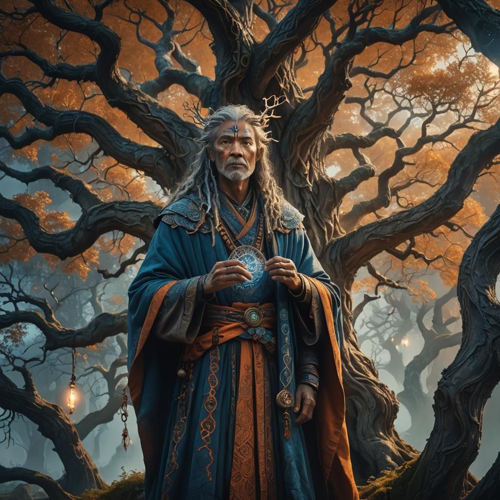 Mystic Being Portrait Before Ancient Tree