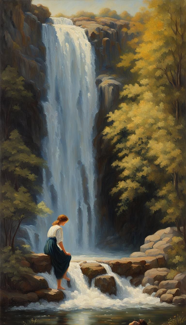Woman Bathing Under Waterfall in Rembrandt Style
