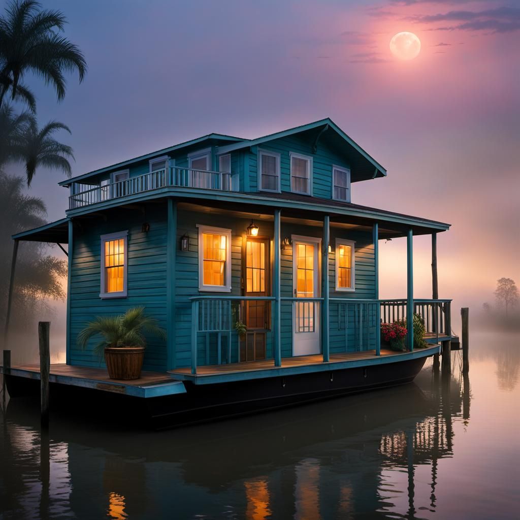 Hyperrealistic Louisiana Twilight on a Cajun Houseboat